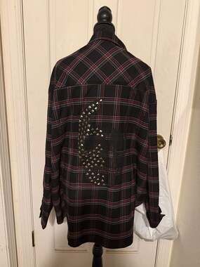 Social Collision Black and Red Plaid Studded Skull Button-Up Flannel Shirt